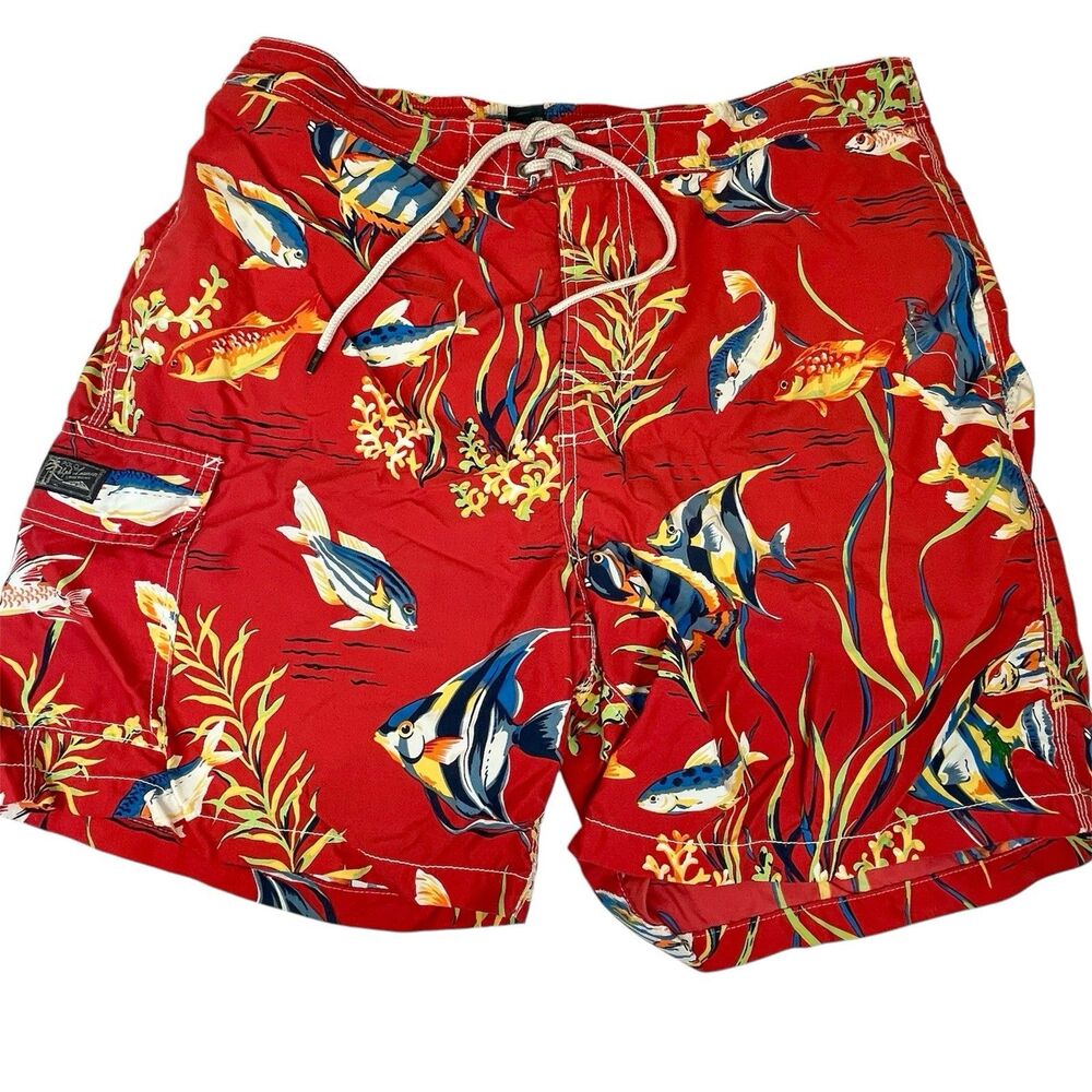 Polo Ralph Lauren Mens Orange Graphic Marlins Swim‎ Trunks Board Shorts Sz Large